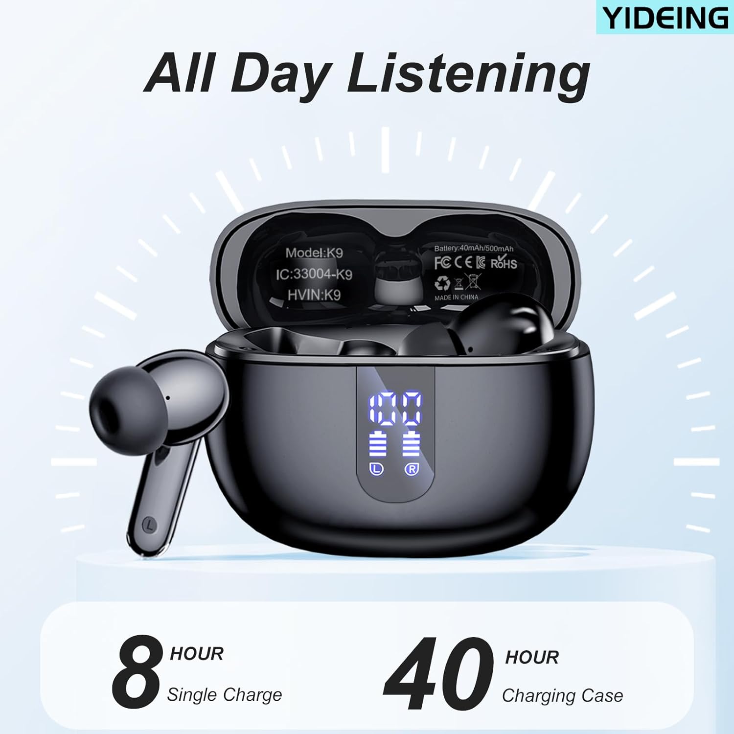 Wireless Earbuds, Bluetooth 5.3 Headphones with Hifi Stereo Sound, 40H Playtime with LED Power Display Charging Case, IPX7 Waterproof In-Ear Earphone with Mic for Phone Computer Laptop,Black